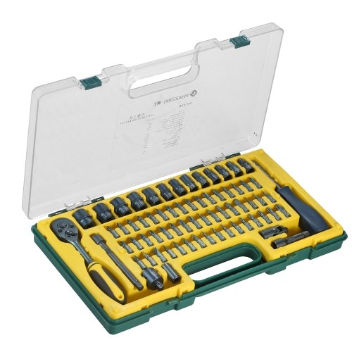 Mechanics Tool Set 1/4-Inch Drive CV-R Socket Wrench Ratchet Extension Adapter with S2 Steel Torx Hex Slotted Phillips Pozi Screwdriver Bit and Storage Case for Auto Repairing Metric 69 Piece