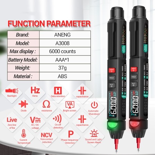 ANENG A3008 Pen Multimeter 6000 Counts Digital Multimeter Meter Tester with LCD Display Backlight Flashlight NCV Auto-off Multiple Accessories for Voltage Current Resistance Capacitance Diode Continuity Test (Color Screen & Phase Sequence Measurement) 