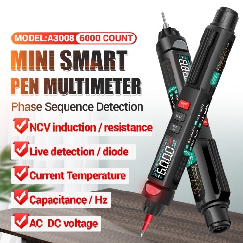 ANENG A3008 Pen Multimeter 6000 Counts Digital Multimeter Meter Tester with LCD Display Backlight Flashlight NCV Auto-off Multiple Accessories for Voltage Current Resistance Capacitance Diode Continuity Test (Color Screen & Phase Sequence Measurement) 