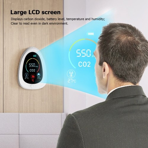 

Air Quality Monitor CO2 and Smoke Detector with LCD Screen Indoor Temperature Humidity Display