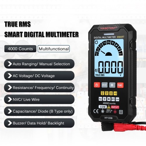 HABOTEST HT125B Smart Digital Multimeter 4000 Counts True RMS Auto Ranging Voltage Meter with Backlight LCD Screen 600V AC DC Voltmeter Electric Test Pen LED Flashlight Multifunction Resistance Continuity Frequency Capacitance Diode Testing