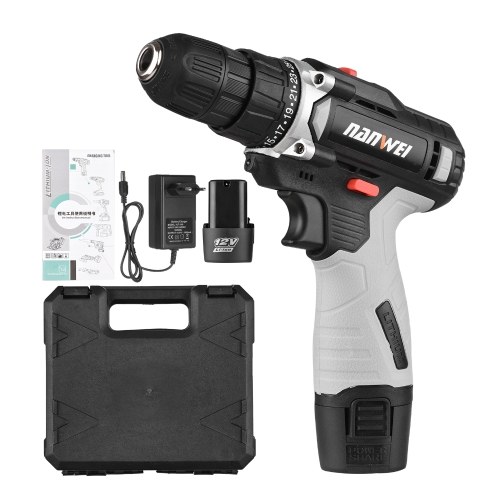 NANWEI 12V Portable Cordless Drill 3/8 Inch Chuck 25+1 Gear Adjustment Handheld Electric Drill Power Drill with Battery Indicator LED Work Light 2-variable Speed 20N.m Max Torque Includes 1500mAh Battery & Fast Charger