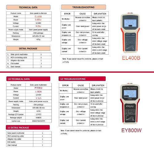 EY800W Upgrades Handheld Portable Photovoltaic Panel Power Supplys Multimeter with LCD Display Screen 