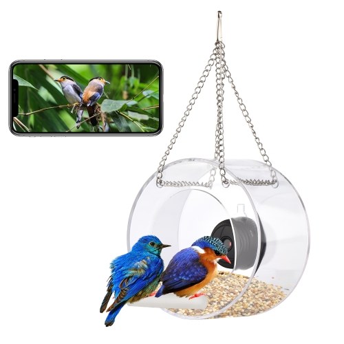 Clear Window Bird Feeder with Wifi Camera Suction Cup, Smart Transparent Round Birdfeeder with 16GB TF Card Photo Taking Video Recording IR Night Vision, Outside Birdhouse for Close Up View Outdoors Wild Birds