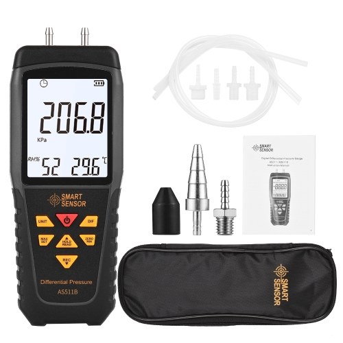 

SMART SENSOR AS511 Digital Differential Pressure Gauge -39.98~39.98KPA Manometer Dual Port Air Gas Pressure Tester