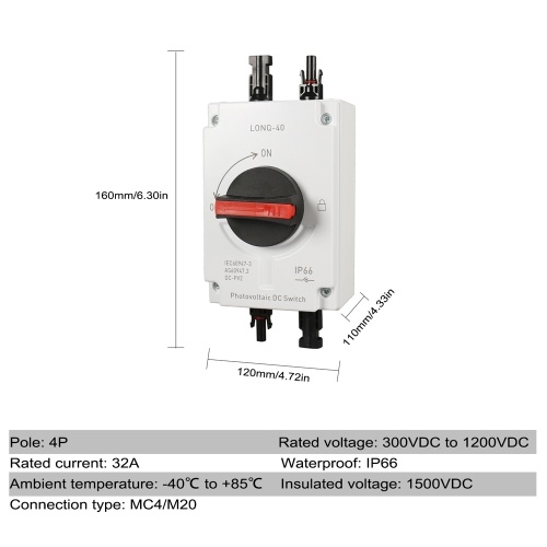 

32A 4P PV Direct Current Disconnect Switch Outdoor Dustproof and Waterproof Transfer Switch IP66 Photovoltaic Direct Current Switch