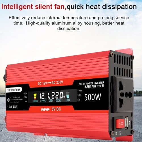 500W Car Power Inverter 12V to 220V AC Converter Solar Inverter LCD Digital Modified Sinewave Inverter with AC Outlets USB Charging Port On-Off Switch for Car RV Solar Panel 