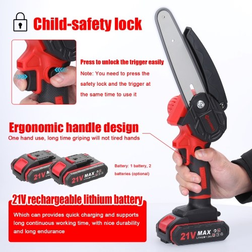 21V 6inch tragbare elektrische Schnittsägen Kleines Holz Splitting Kettensäge Pinsel Motor Einhand Holzbearbeitungswerkzeug für Garten Obstgarten (2pcs Batterien)