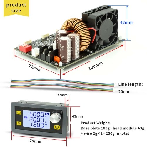 LCD Display CNC Adjustable Direct Current Stabilized Voltage Power Supplys Base Plate Constant Voltage and Constant Current 20A 1200W Step-down Module Base Plate 