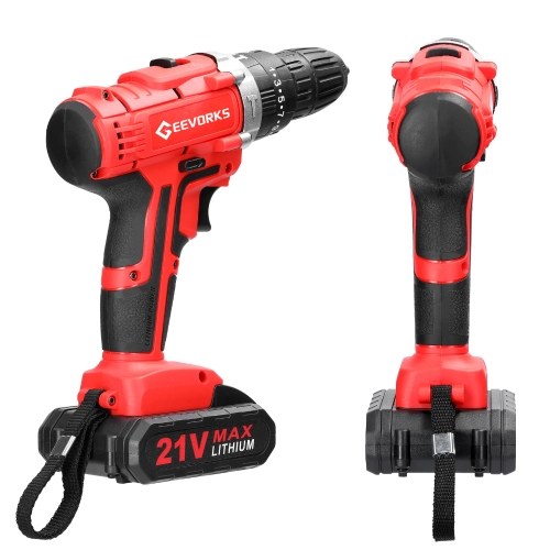Household Multifuctional 21V Electric Drill Stepless Speed Regulation Rotation Lithium Screwdriver with 3 Working Modes 25 Gears of Torques Adjustable (2Pcs Batteries) 