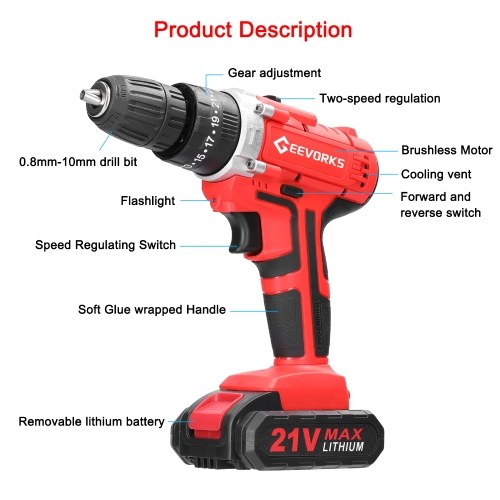 Household Multifuctional 21V Electric Drill Stepless Speed Regulation Rotation Lithium Screwdriver with 3 Working Modes 25 Gears of Torques Adjustable (2Pcs Batteries) 