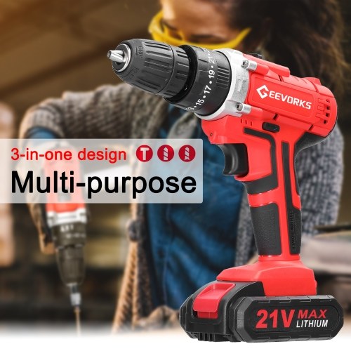 Household Multifuctional 21V Electric Drill Stepless Speed Regulation Rotation Lithium Screwdriver with 3 Working Modes 25 Gears of Torques Adjustable (2Pcs Batteries) 