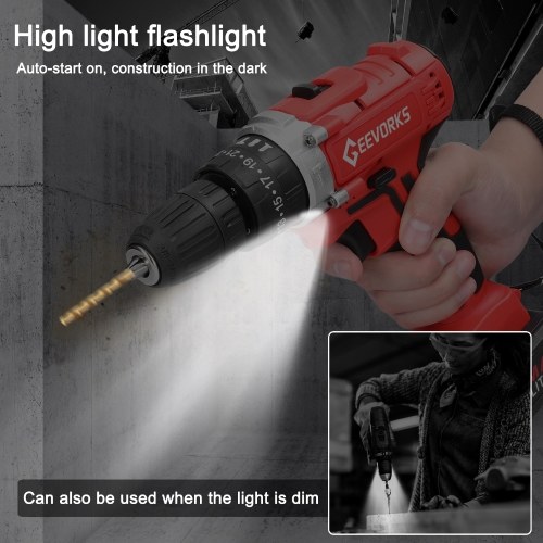 Household Multifuctional 21V Electric Drill Stepless Speed Regulation Rotation Lithium Screwdriver with 3 Working Modes 25 Gears of Torques Adjustable (2Pcs Batteries) 