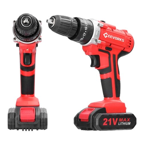 Household Multifuctional 21V Electric Drill Stepless Speed Regulation Rotation Lithium Screwdriver with 3 Working Modes 25 Gears of Torques Adjustable (2Pcs Batteries) 