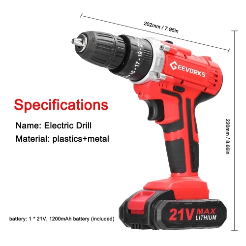 Household Multifuctional 21V Electric Drill Stepless Speed Regulation Rotation Lithium Screwdriver with 3 Working Modes 25 Gears of Torques Adjustable (2Pcs Batteries) 