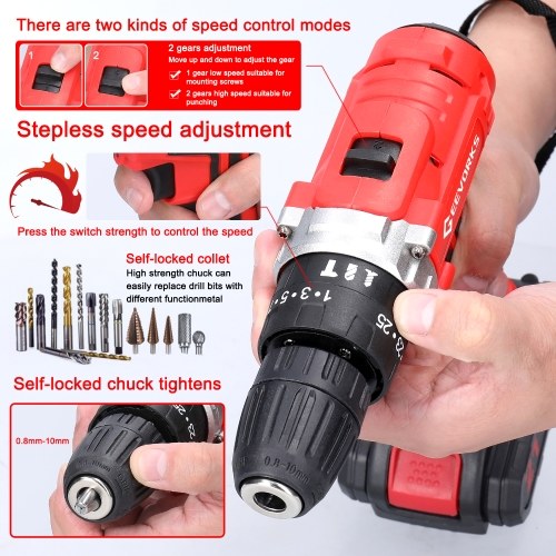 Household Multifuctional 21V Electric Drill Stepless Speed Regulation Rotation Lithium Screwdriver with 3 Working Modes 25 Gears of Torques Adjustable (2Pcs Batteries) 