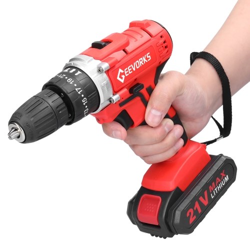 Household Multifuctional 21V Electric Drill Stepless Speed Regulation Rotation Lithium Screwdriver with 3 Working Modes 25 Gears of Torques Adjustable (2Pcs Batteries) 