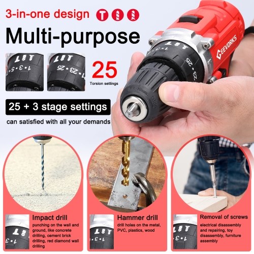 Household Multifuctional 21V Electric Drill Stepless Speed Regulation Rotation Lithium Screwdriver with 3 Working Modes 25 Gears of Torques Adjustable (2Pcs Batteries) 