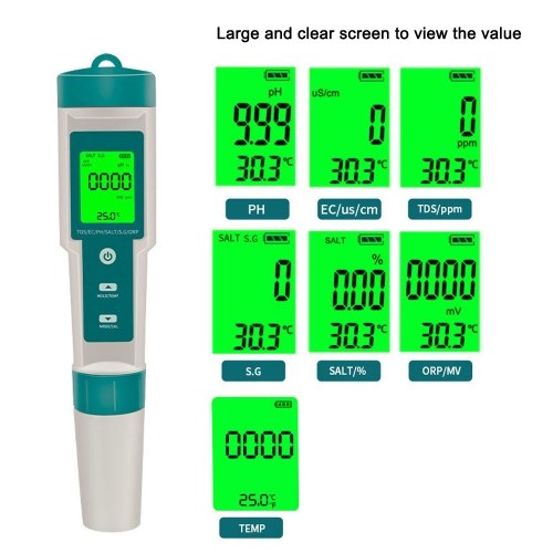 Multifunctional Digital 7 in 1 Water Quality Tester Portable High Accurancy Water Quality Test Pen Water Quality Measurement Tool Water PH/TDS/EC/Salinity/ORP/S.G/Temperature Measuring
