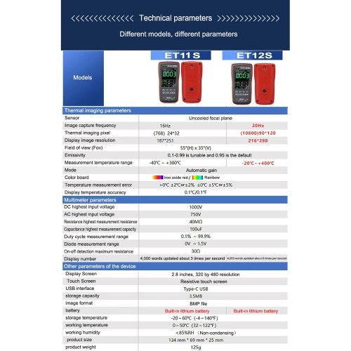 2in1 Digital Thermal Imager Multimeter 2.8inch Color Display 24*32 Thermal Imaging Pixel 6000 Counts Multimeter  ET12S 