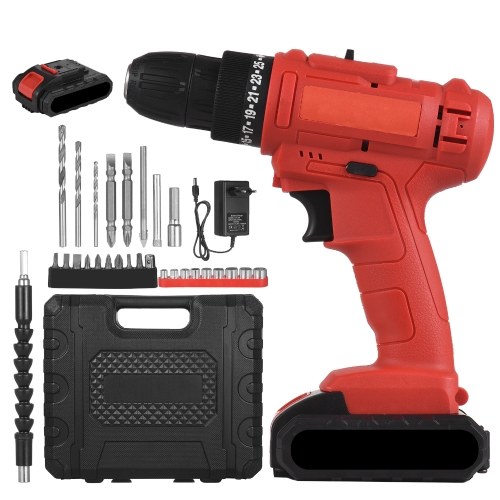 21V Portable Cordless Electric Drill 3/8 Inch Chuck Handheld Power Drill Screwdriver with 1.5Ah Battery Fast Charger, Bits Sleeves Extension Shaft, LED Work Light 2-variable Speed 25+1 Torque Adjustment 30N.m