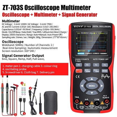 3in1 Digital Multimeter 50MHz Bandwidth 280MS Sampling Rate PC Waveform Data Storage Dual Channel Oscilloscope Signal Generator ( High Configuration) 