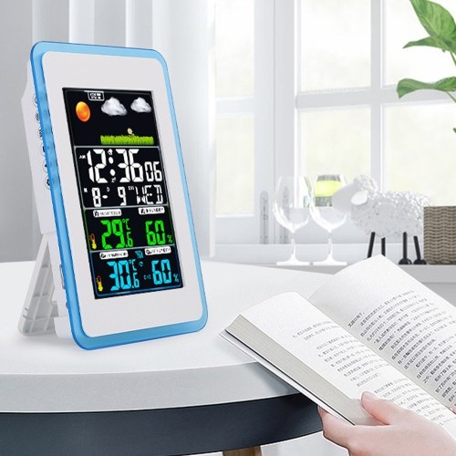 Multifunctional Wireless Home/Office Weather Station Color Digital Display Clock 433MHz Outdoor and Indoor Temperature Tester Hygrometer Weather Forecast Table Clock 