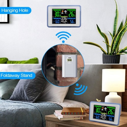 Multifunctional Wireless Home/Office Weather Station Color Digital Display Clock 433MHz Outdoor and Indoor Temperature Tester Hygrometer Weather Forecast Table Clock 