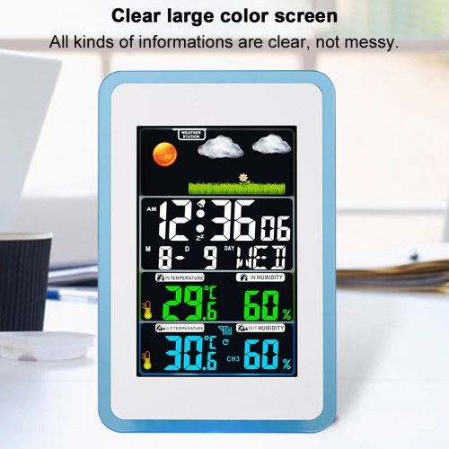 Multifunctional Wireless Home/Office Weather Station Color Digital Display Clock 433MHz Outdoor and Indoor Temperature Tester Hygrometer Weather Forecast Table Clock 
