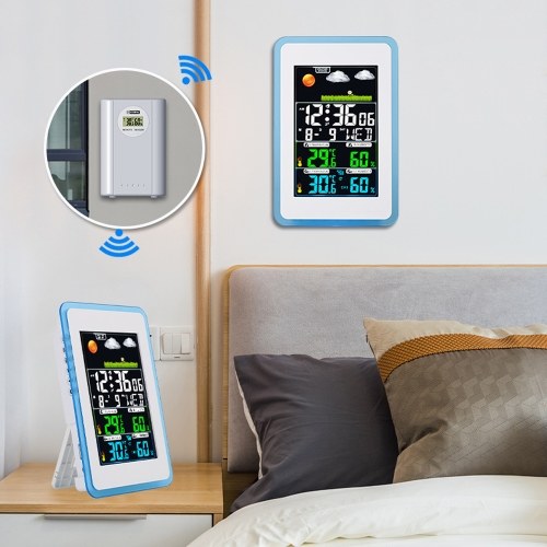 Multifunctional Wireless Home/Office Weather Station Color Digital Display Clock 433MHz Outdoor and Indoor Temperature Tester Hygrometer Weather Forecast Table Clock 