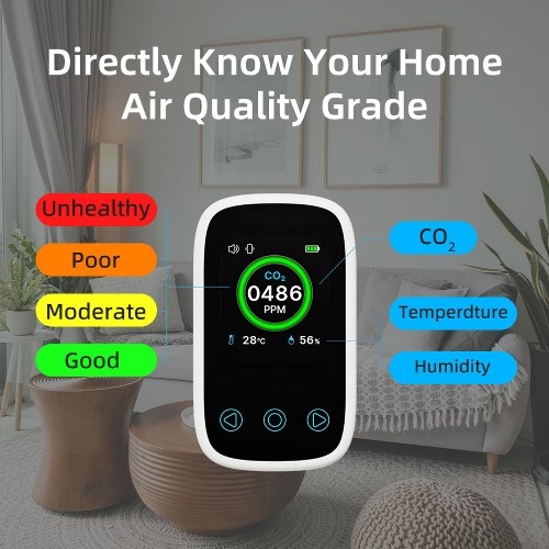 

3in1 Air Quality Tester CO2 Temperature Humidity Detector NDIR Sensor Auto Brightness Adjustable Digital TFT LCD Display with Carbon Dioxide Calibration Temperature Unit Switching Functions