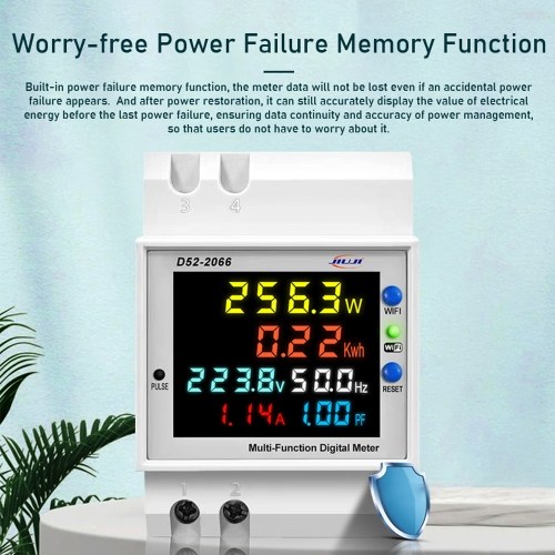 Tuya WiFi Home Intelligent Digital Display Electricity Meter DIN-Rail Voltage and Current Meter with Power Failure Memory Function (External Type) 