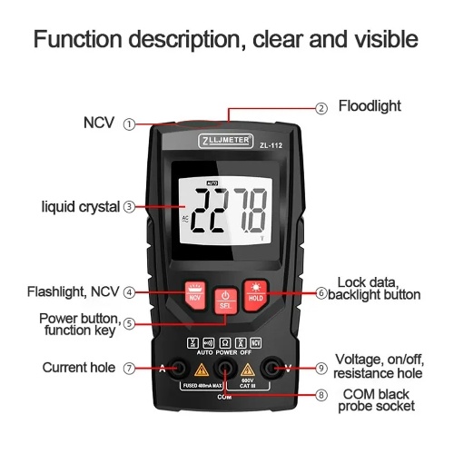 Professional Digital Multimeter Color Display Handheld Multimeter NCV  Tester Professional Voltage Current Capacitance Resistance Diode Measurement Meter with Flashlight Automatic Shutdown Function 