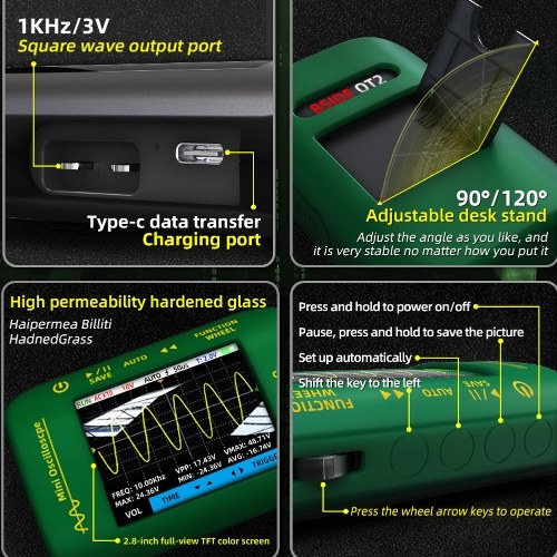 Digital 2.8-inch TFT Display Oscilloscope Handheld Oscope Meter 10Mhz Bandwidth 48MSa/S Sampling Rate Data with Data Storage Function for DIY and Electronic Test 