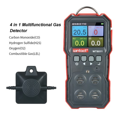 wintact Detector de monóxido de carbono industrial de mano digital 4 en 1 Detector de H2S de gas combustible oxigenado con registro de datos 120000, sonido de pantalla LCD y alarma de vibración de luz