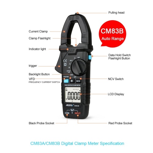 MESTEK Digital Clamp Meter 600A AC Current 600V AC/DC Voltage Capacitance Measurement Data Hold Backlight NCV Tester Multimeter 