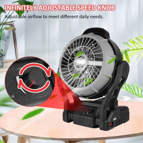 Camping LED Fan with Light 4000mAh Rechargeable Battery Powered Outdoor Tent Fan Infinitely Adjustable Speed 120° Head Rotation Desk Fan for Camping Fishing Power Outage Hurricane Worksite 