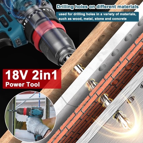 18V 2in1 Lithium Drill Electric Screwdriver Multi-function Power Tool 45Nm Torque Brushless Motor Practical Screw Driver for Home Appliances Furniture Installation Automotive Electronics Repairing 