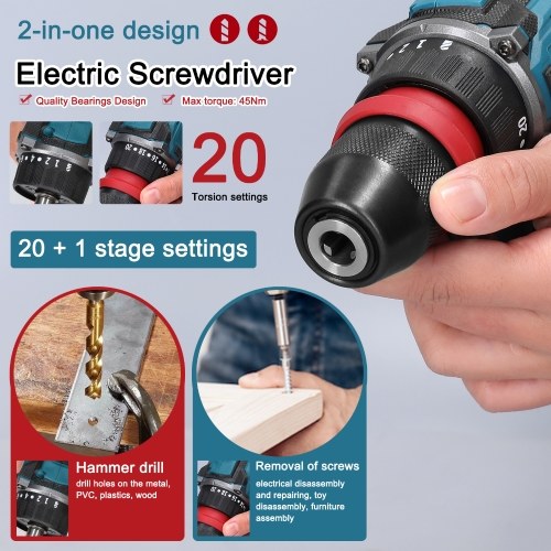 18V 2in1 Lithium Drill Electric Screwdriver Multi-function Power Tool 45Nm Torque Brushless Motor Practical Screw Driver for Home Appliances Furniture Installation Automotive Electronics Repairing 