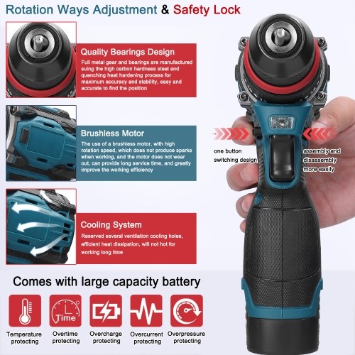 18V 2in1 Lithium Drill Electric Screwdriver Multi-function Power Tool 45Nm Torque Brushless Motor Practical Screw Driver for Home Appliances Furniture Installation Automotive Electronics Repairing 
