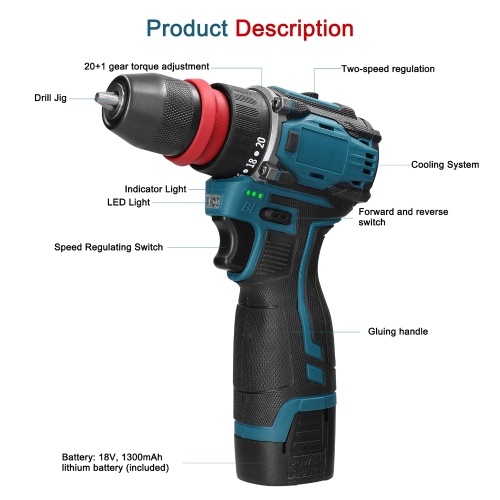 18V 2in1 Lithium Drill Electric Screwdriver Multi-function Power Tool 45Nm Torque Brushless Motor Practical Screw Driver for Home Appliances Furniture Installation Automotive Electronics Repairing 