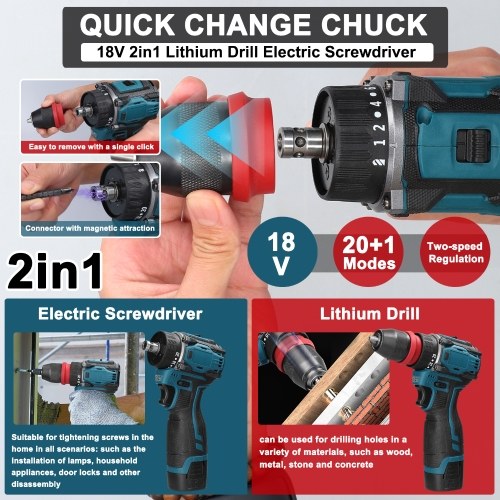 18V 2in1 Lithium Drill Electric Screwdriver Multi-function Power Tool 45Nm Torque Brushless Motor Practical Screw Driver for Home Appliances Furniture Installation Automotive Electronics Repairing 