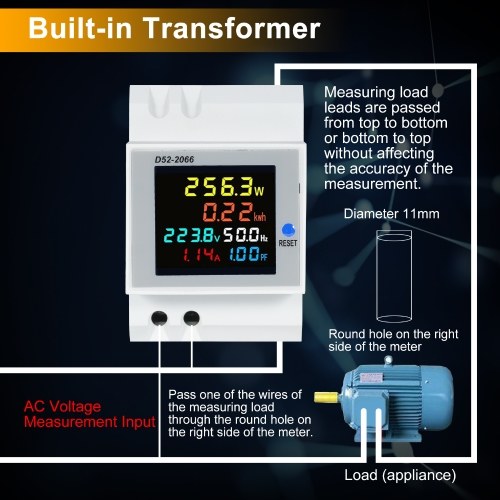 D52-2066 6-in-1 Digital Single Phase Energy Meter Tester Din Rail AC Monitor Voltage Current Power Factor Active KWH AC 250V~450V 100A Electricity Usage Monitor 