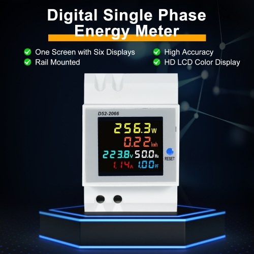 D52-2066 6-in-1 Digital Single Phase Energy Meter Tester Din Rail AC Monitor Voltage Current Power Factor Active KWH AC 250V~450V 100A Electricity Usage Monitor 