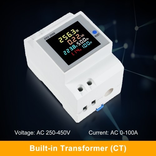 D52-2066 6-in-1 Digital Single Phase Energy Meter Tester Din Rail AC Monitor Voltage Current Power Factor Active KWH AC 250V~450V 100A Electricity Usage Monitor 