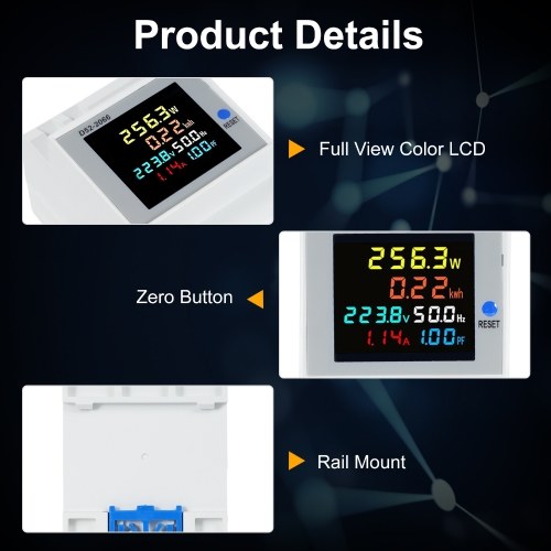 D52-2066 6-in-1 Digital Single Phase Energy Meter Tester Din Rail AC Monitor Voltage Current Power Factor Active KWH AC 250V~450V 100A Electricity Usage Monitor 