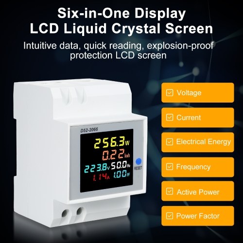 D52-2066 6-in-1 Digital Single Phase Energy Meter Tester Din Rail AC Monitor Voltage Current Power Factor Active KWH AC 250V~450V 100A Electricity Usage Monitor 