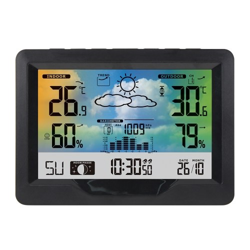 Wireless Weather Station Indoor Outdoor Color Screen Weather Forecast Station with Outdoor Sensor Digital Temperature and Humidity Gauge with Alarm Clock Moon Phase Backlight Sooze Mode 