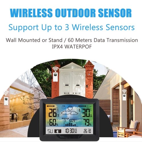Wireless Weather Station Indoor Outdoor Color Screen Weather Forecast Station with Outdoor Sensor Digital Temperature and Humidity Gauge with Alarm Clock Moon Phase Backlight Sooze Mode 