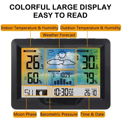 Wireless Weather Station Indoor Outdoor Color Screen Weather Forecast Station with Outdoor Sensor Digital Temperature and Humidity Gauge with Alarm Clock Moon Phase Backlight Sooze Mode 